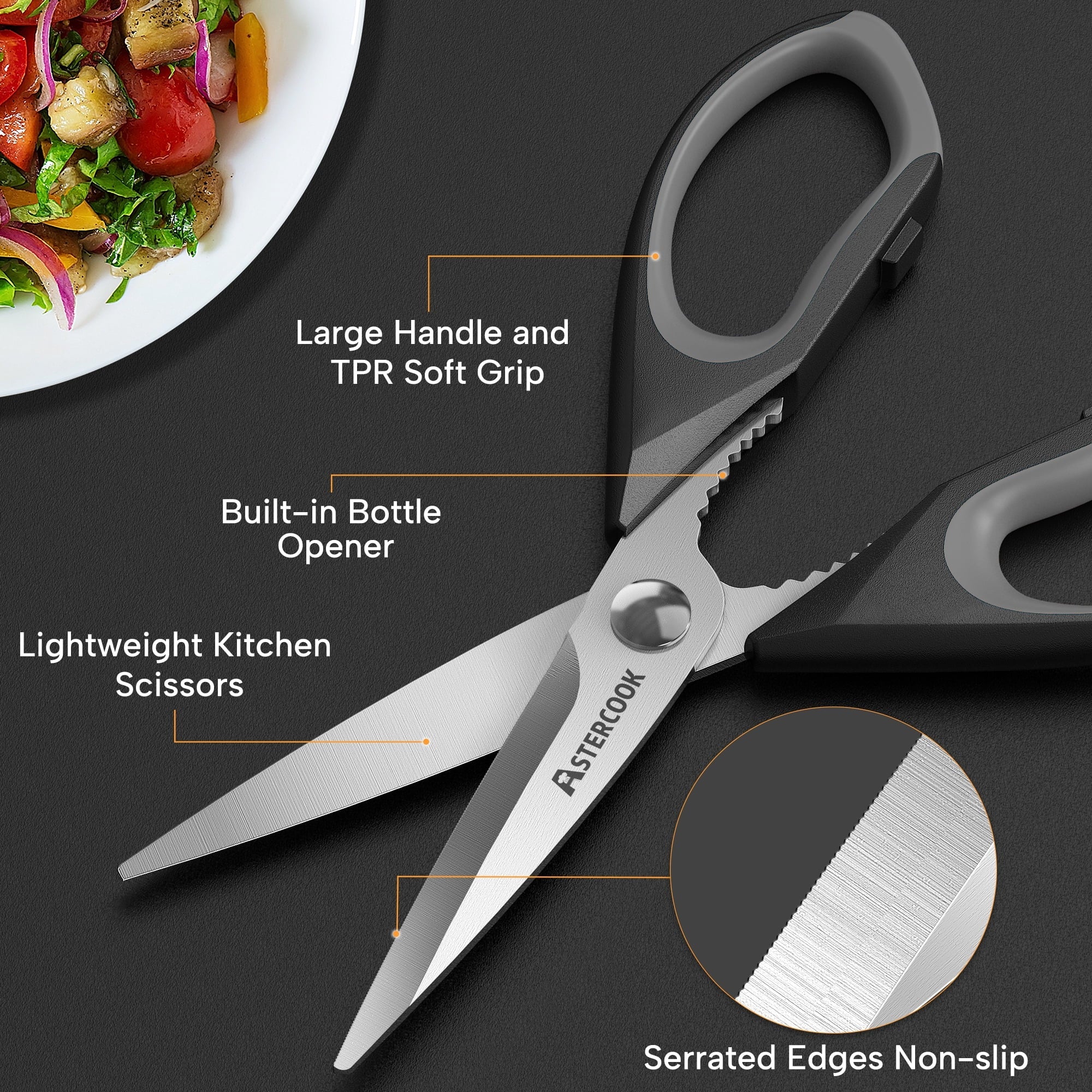Astercook 2 Pcs Kitchen Scissors, Heavy Duty Shears with Serrated Blade, Ergonomic Handle Food Scissor for Poultry, H... - Image 4