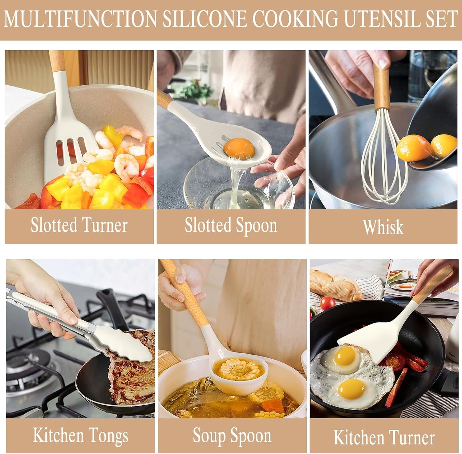 Kitchen Cooking Utensils Set, 33 pcs Non-stick Silicone Cooking Kitchen Utensils Spatula Set with Holder, Wooden Hand... - Image 3